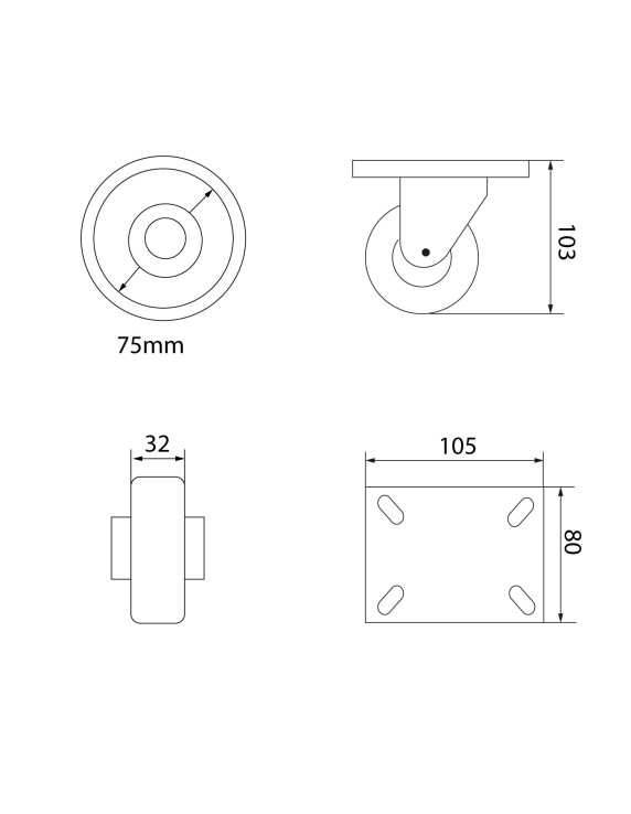 RUEDA FIJA SIN FRENO 150KG NYLON TÉCNICO